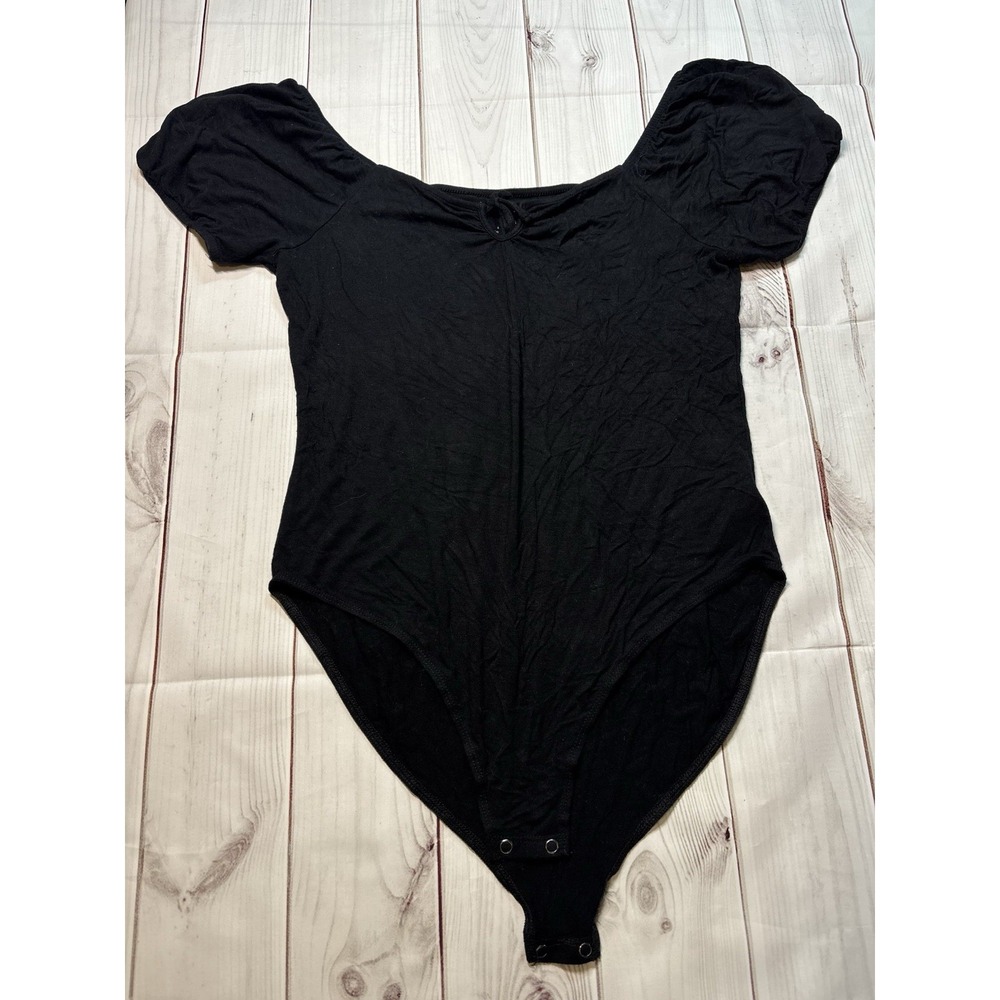 American Eagle Women Black Short Sleeve Bodysuit Snap Closure Large